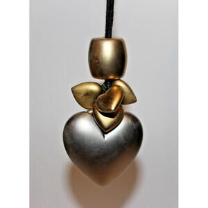 Vintage Mixed Metal Puffy Heart Pendant Necklace Black Cord Statement 38"